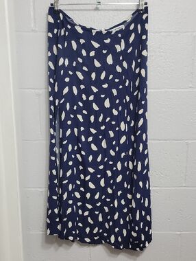 Reformation High Slit Navy Midi Skirt with Cream Spot Print